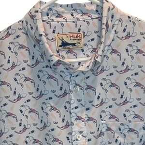 Huk Fishing Mens XL Short Sleeve Button Up Shirt Shrimp Beer Lemons Print Casual
